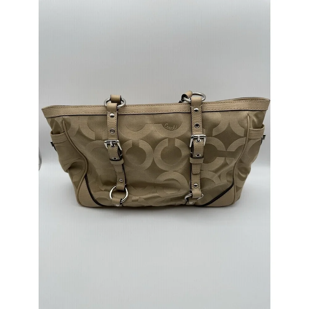 Coach Hampton‎ Signature Tote Womens Large Khaki Beige Jacquard Buckle Bag